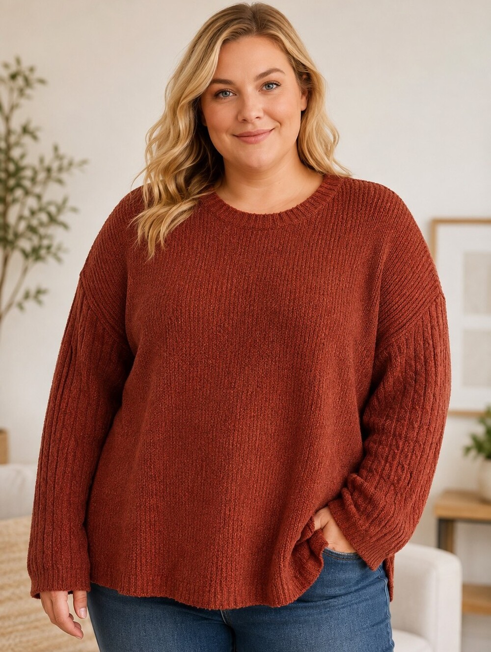 Studio B by Bobeau Pumpkin Spice Cable Sleeve Textured Knit Sweater 2X